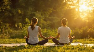 Two women meditating in nature at sunset